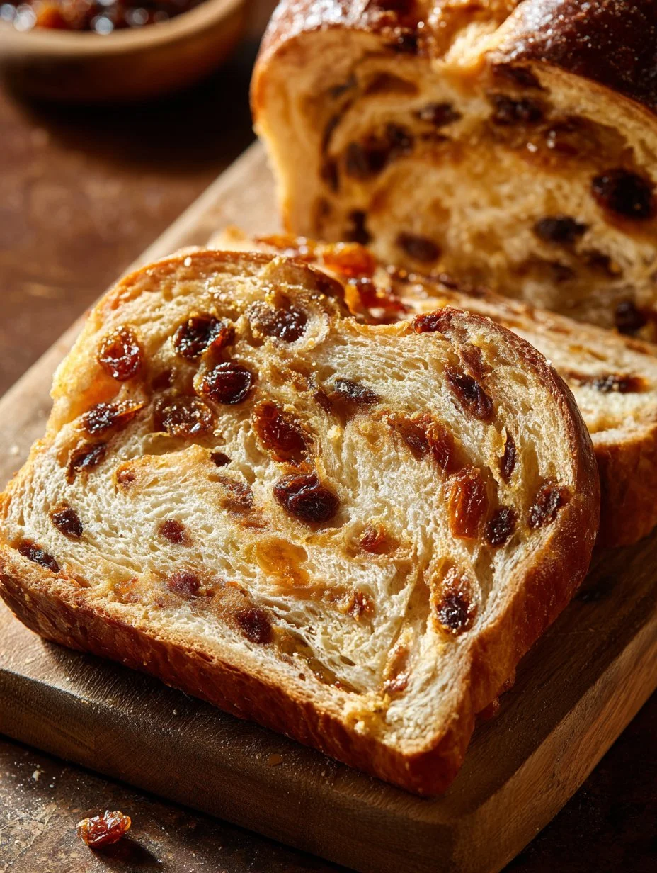 Freshly baked buttery cinnamon raisin bread loaf with a golden crust.