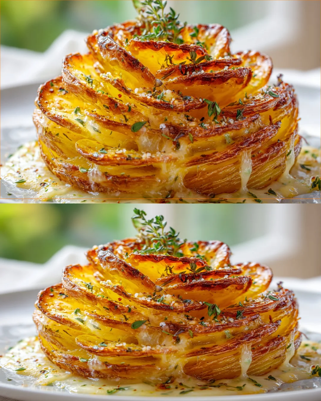 Cheesy baked potato nest casserole served in a baking dish.