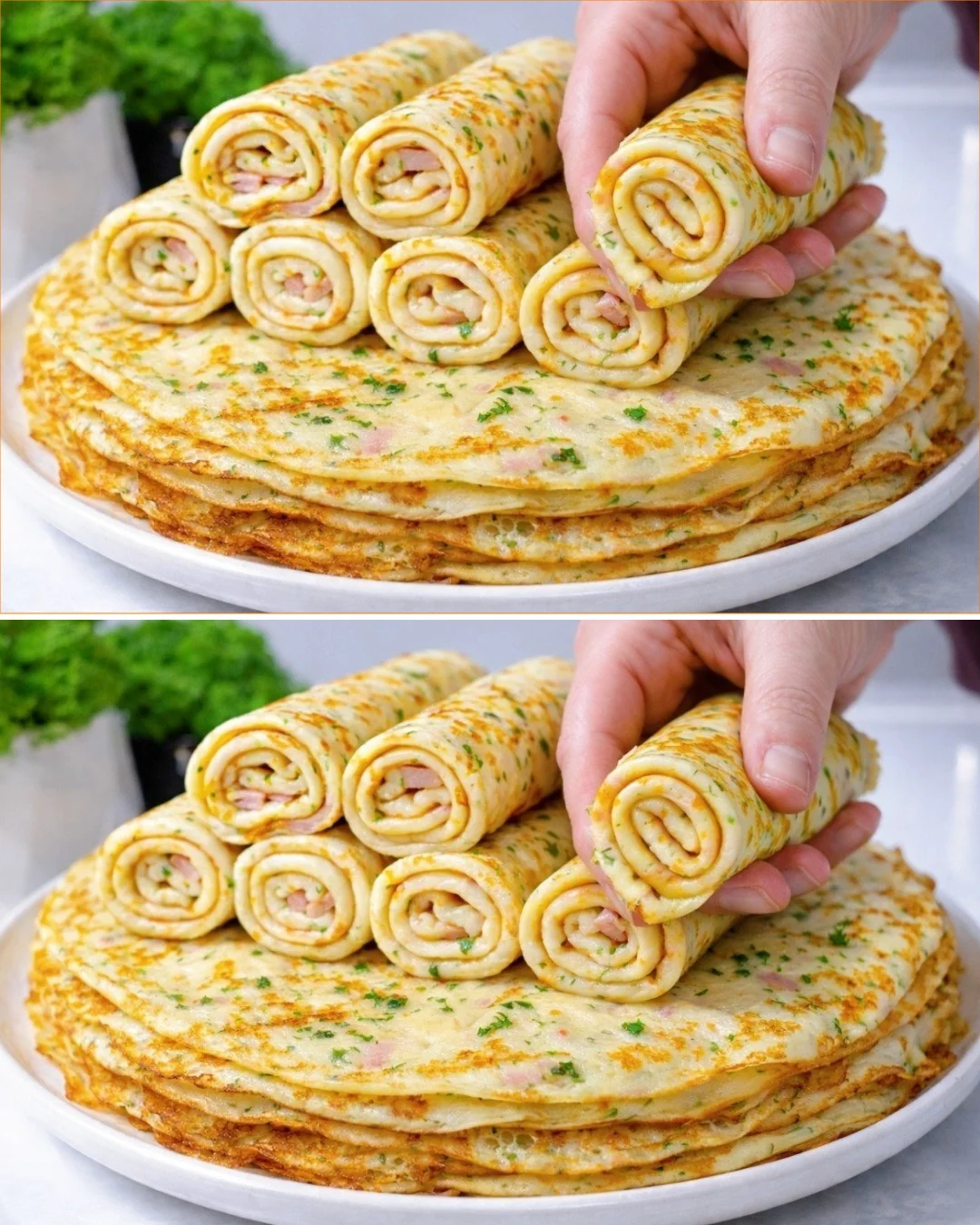 Cheesy breakfast pancakes topped with syrup and fresh herbs.