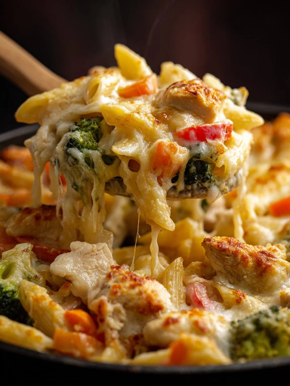 Cheesy chicken and vegetable pasta bake fresh from the oven
