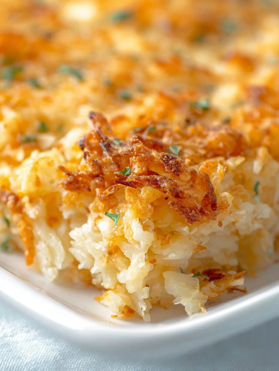 Baked cheesy hashbrown casserole topped with melted cheese