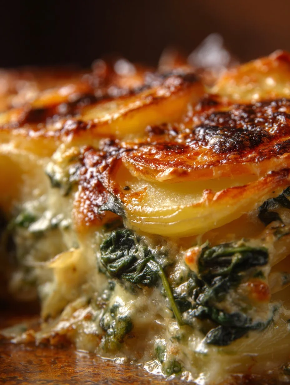 Cheesy spinach and potato bake served in a rustic dish