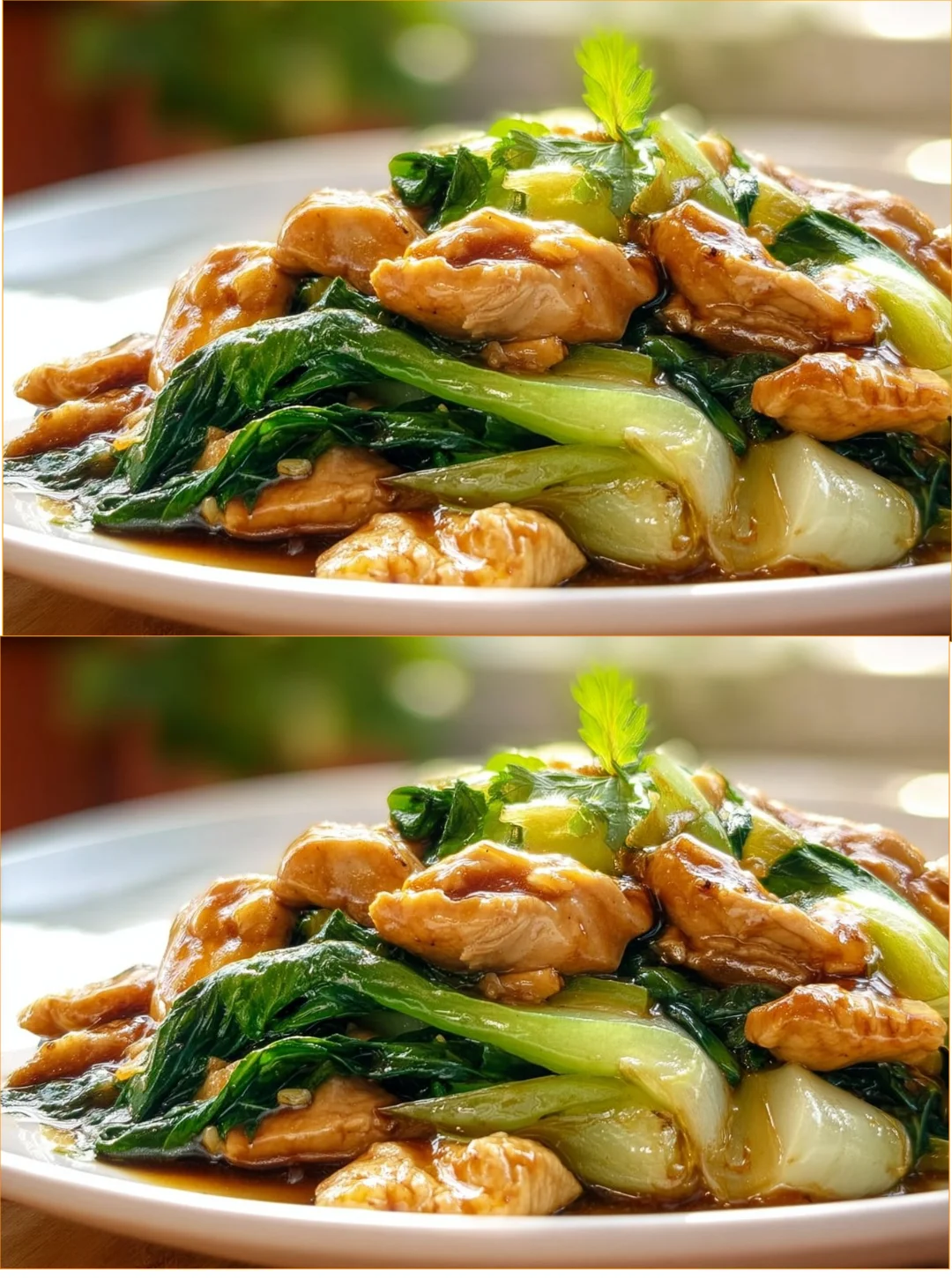 Savory chicken and bok choy stir fry served in a colorful bowl