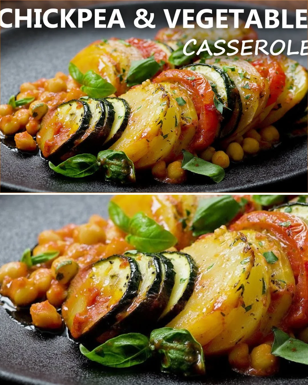 Chickpea and vegetable casserole served on a plate with fresh herbs