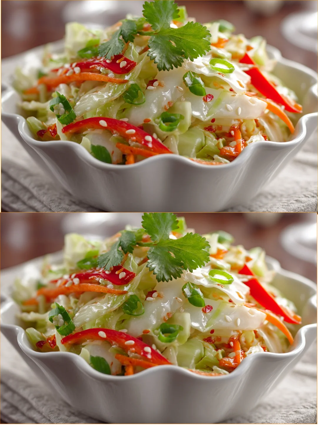 Bowl of Chinese cabbage salad topped with sesame dressing and colorful vegetables