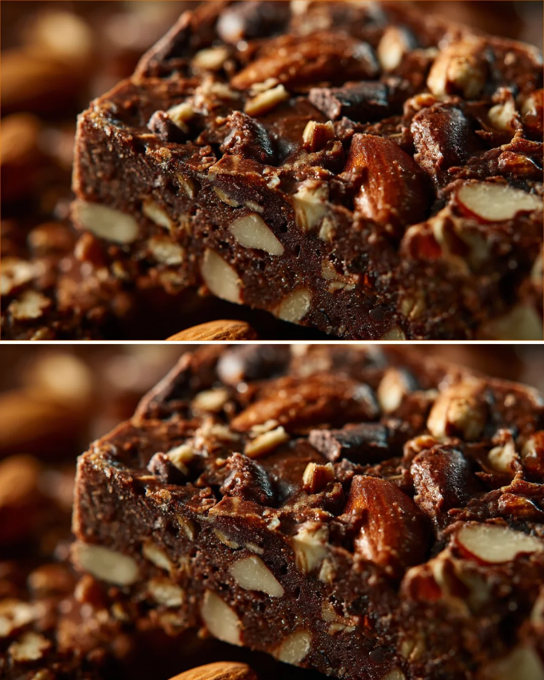 Chocolate almond oat bars with rich chocolate and oats on a wooden table