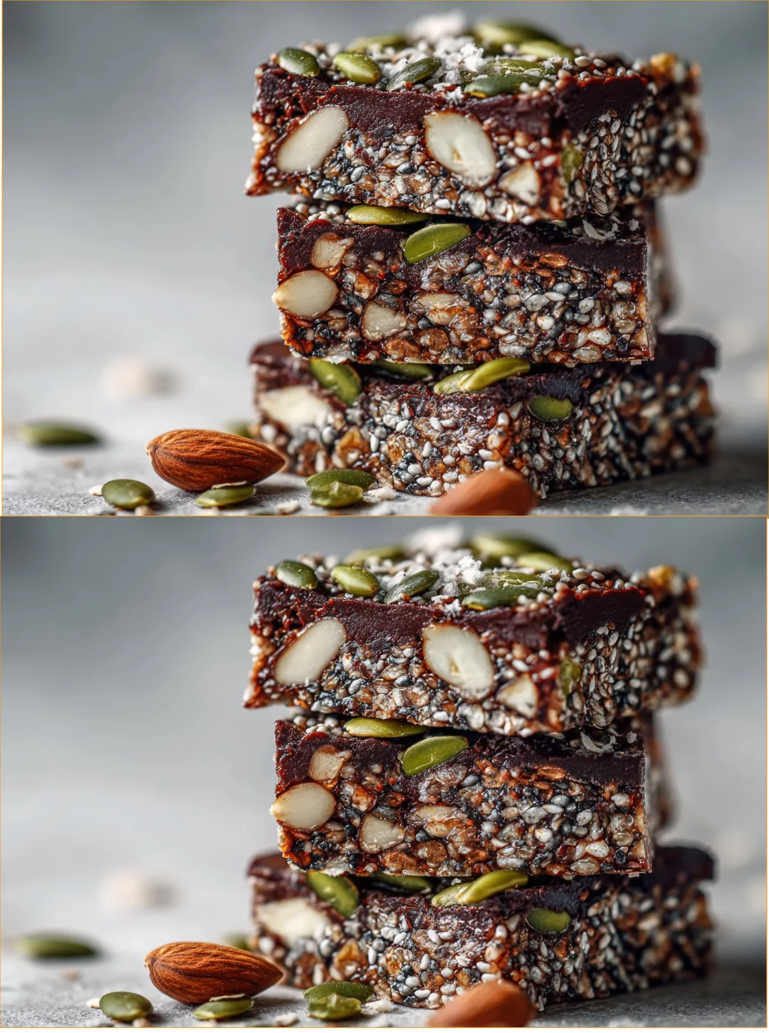Homemade chocolate oat seed bars on a wooden table with chocolate pieces