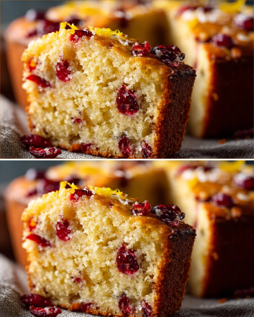 Sliced Citrus Cranberry Tea Cake on a plate with fresh cranberries