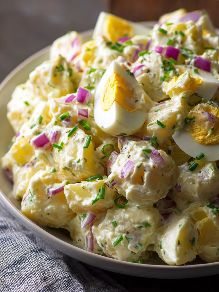 A bowl of classic egg potato salad garnished with herbs.