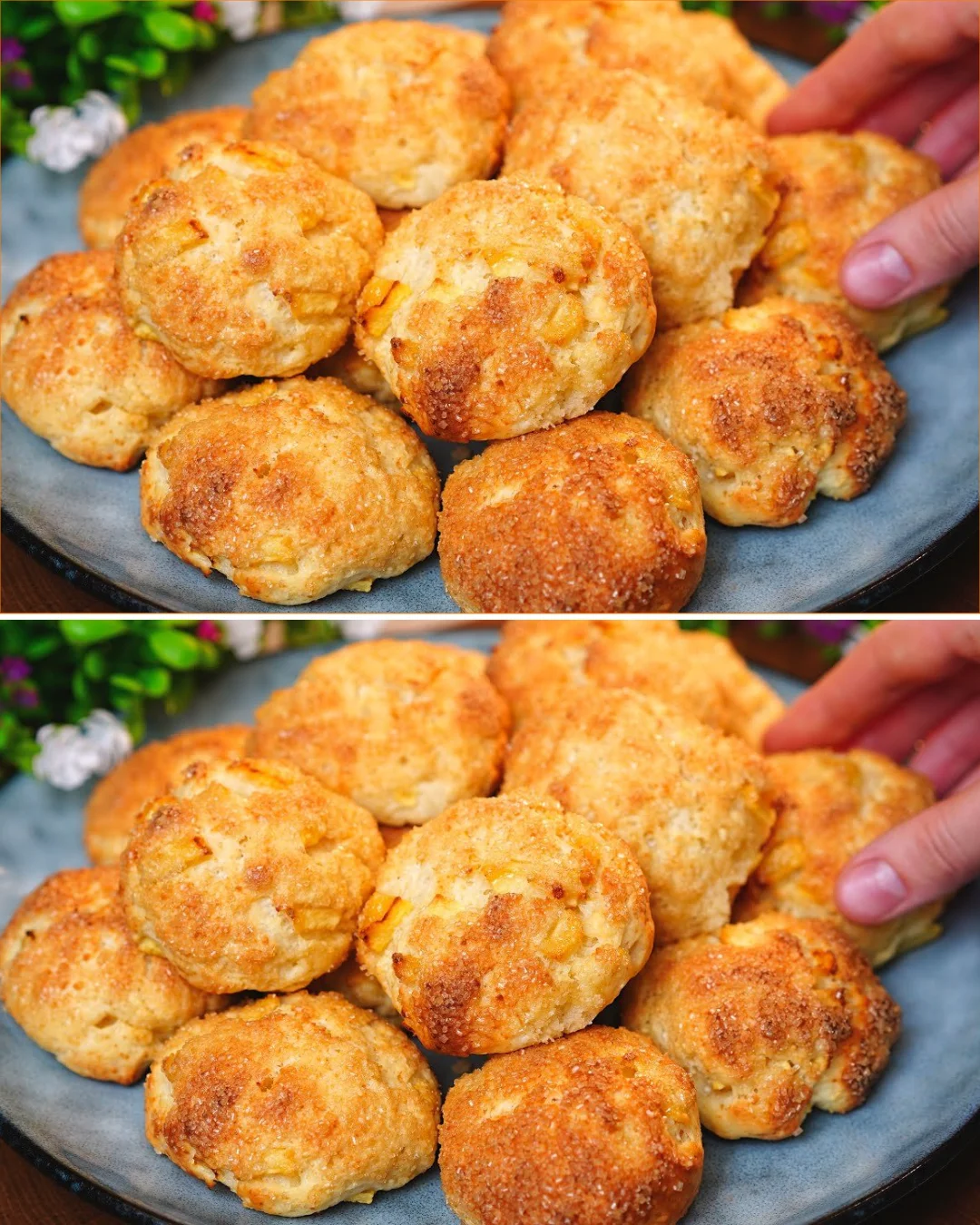 Cottage cheese and apple breakfast buns on a plate with fresh ingredients.