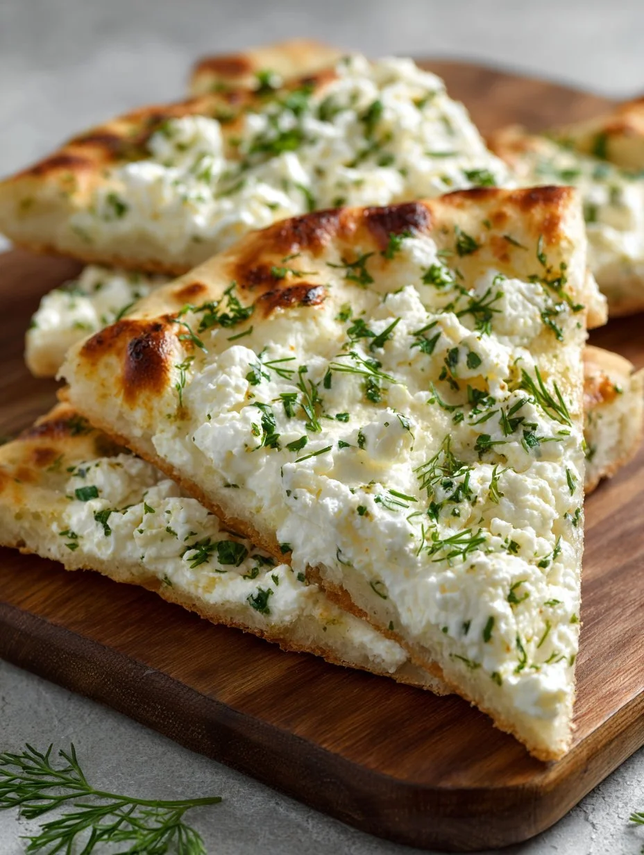 Cottage Cheese and Herb Flatbread garnished with fresh herbs and spices