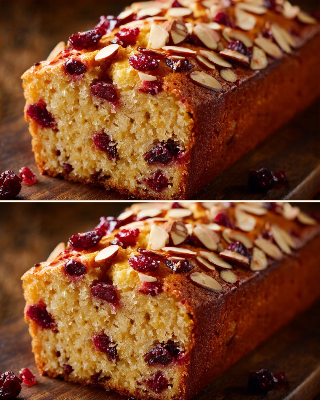Freshly baked Cranberry Almond Breakfast Loaf on a wooden table