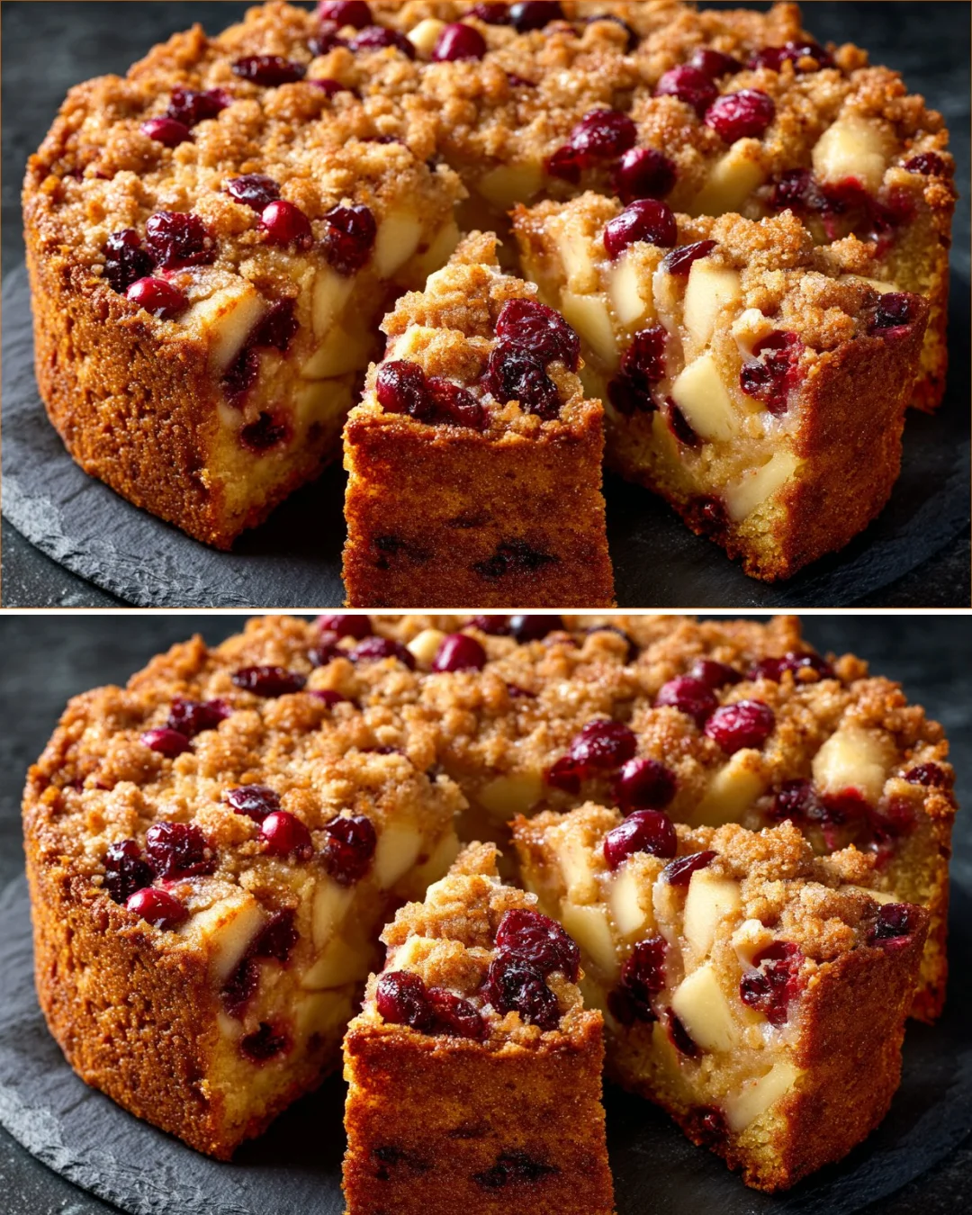 Delicious homemade Cranberry Apple Crumble cake with tart cranberries and sweet apples