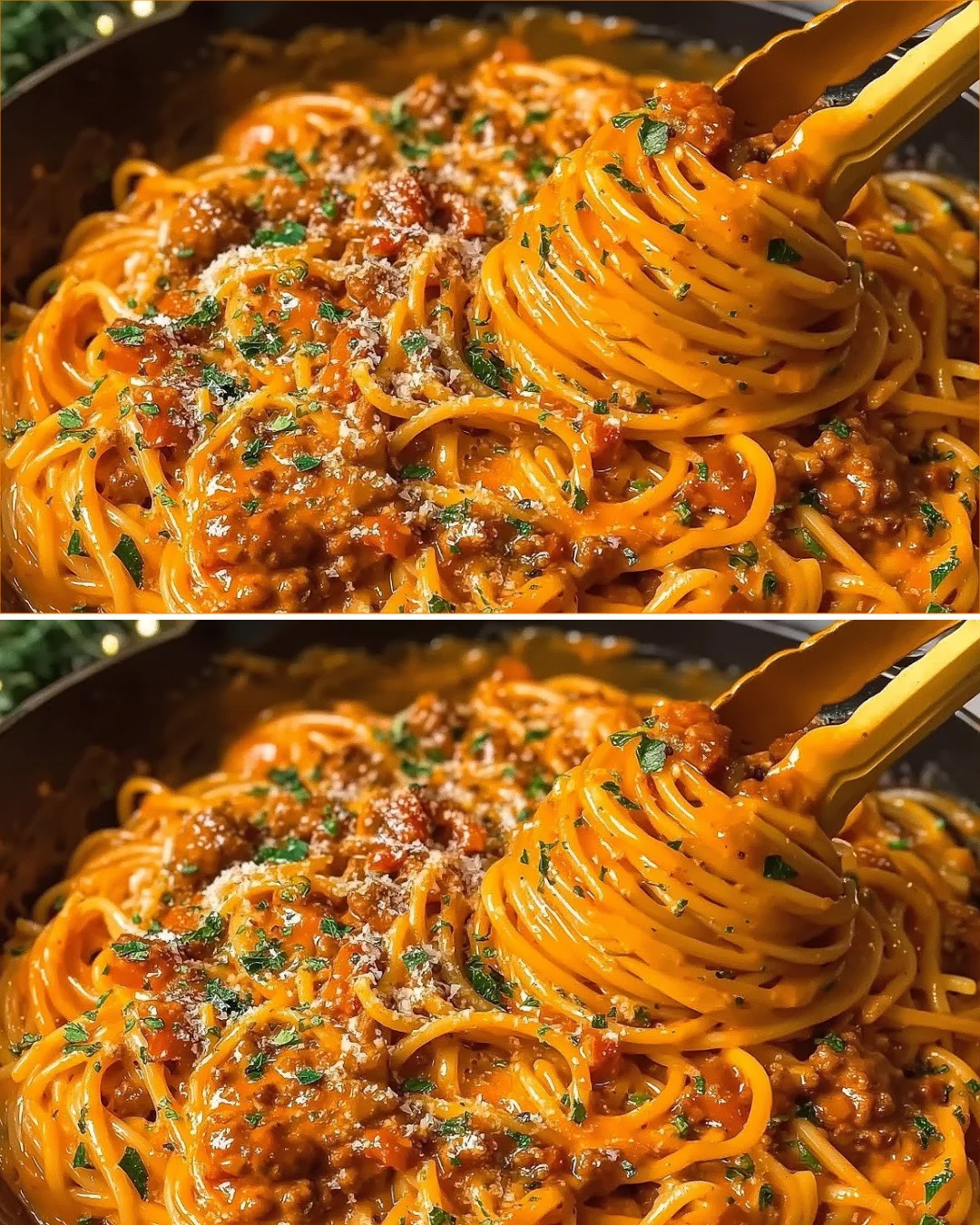 Plate of creamy beef pasta with herbs and cheese, a delicious dinner recipe