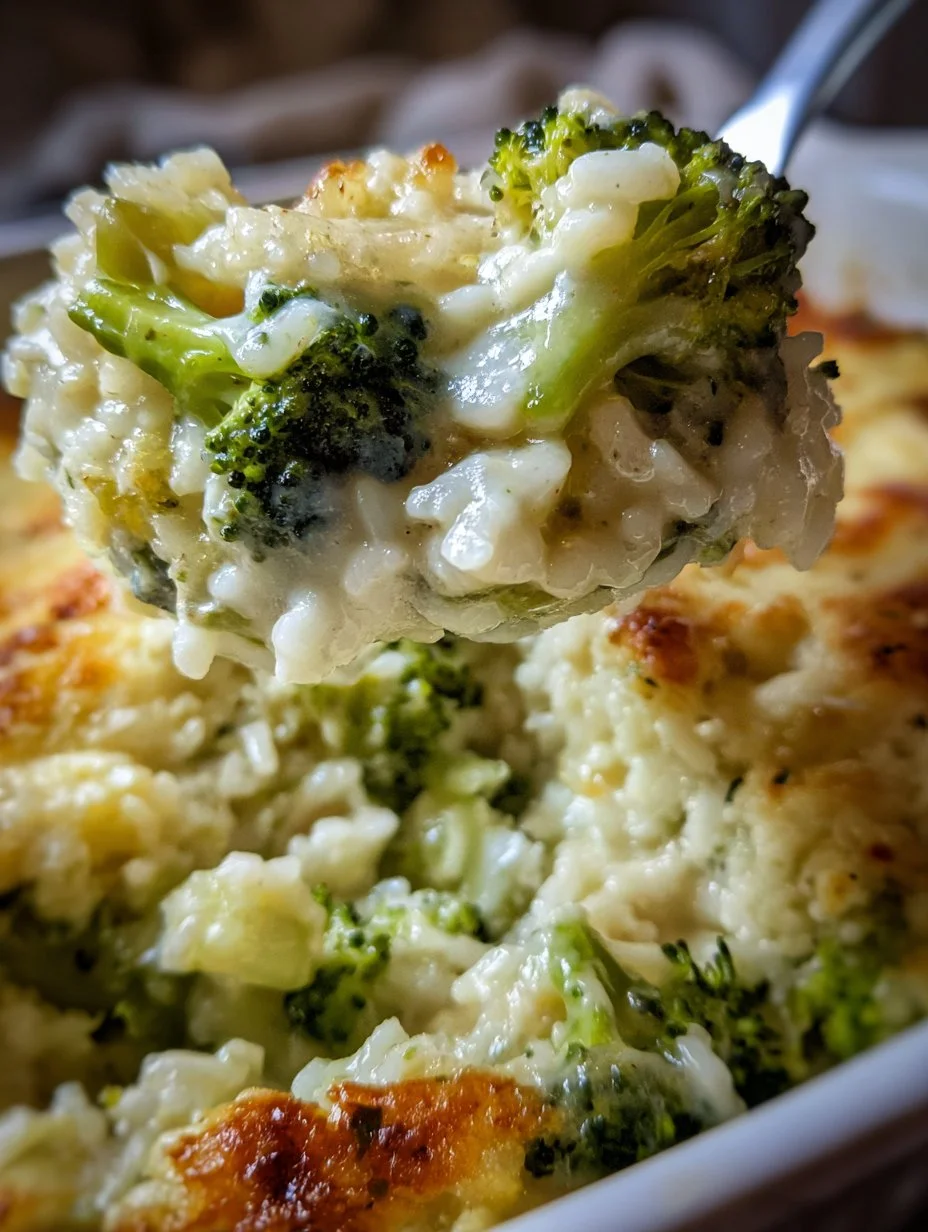 Creamy broccoli rice bake dish served in a bowl with cheese topping