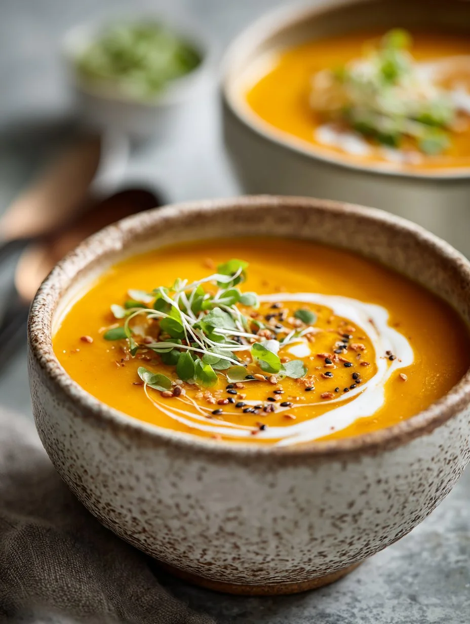Bowl of creamy carrot and ginger soup garnished with fresh herbs