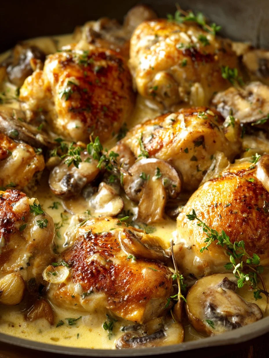Creamy chicken and mushroom pan-fried dish ready to serve.