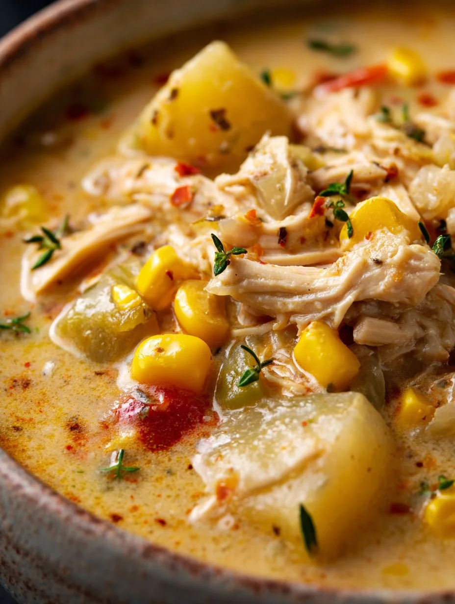 Delicious creamy chicken and sweetcorn chowder in a bowl