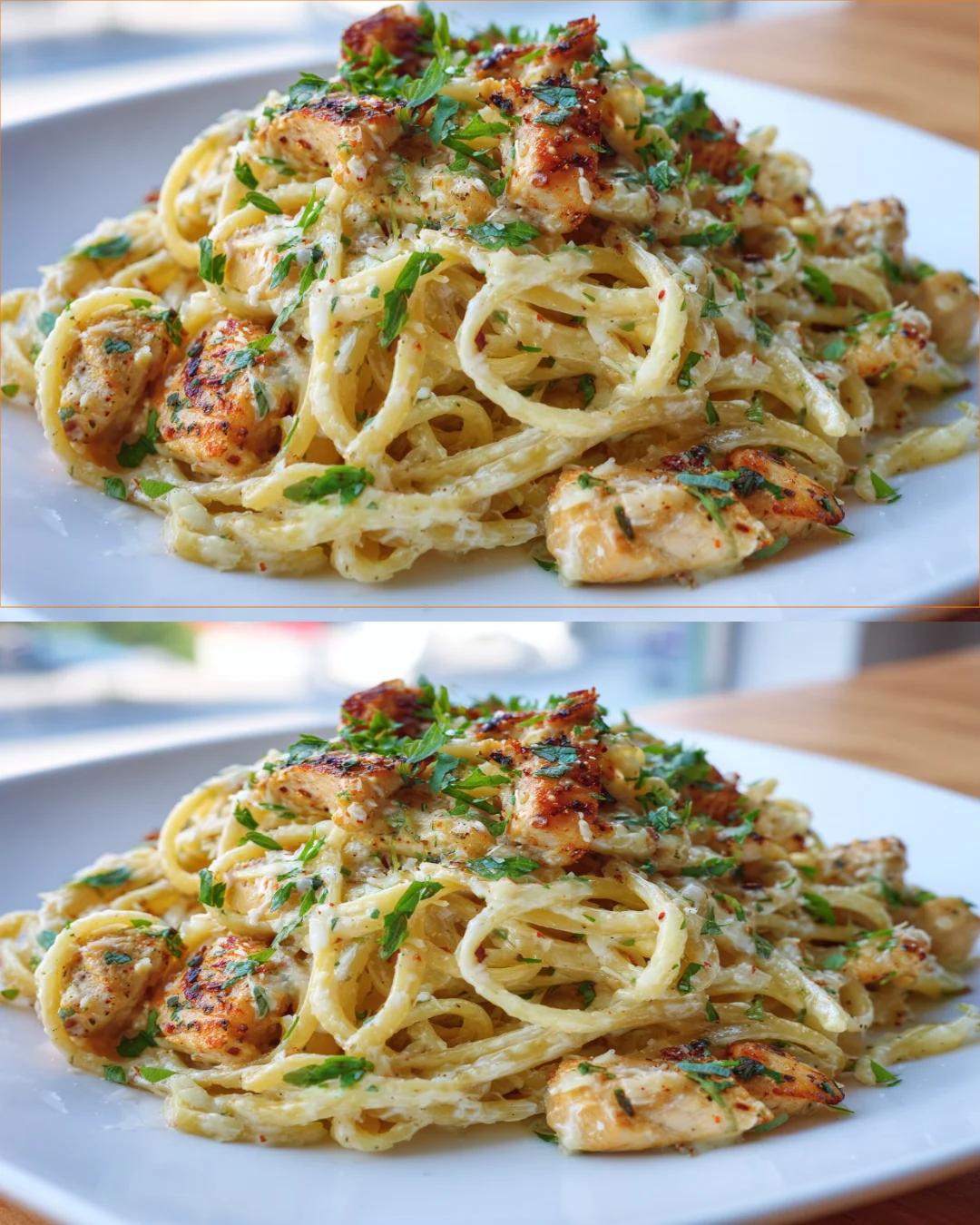 Creamy Chicken Pasta Bake topped with cheese and herbs in a baking dish