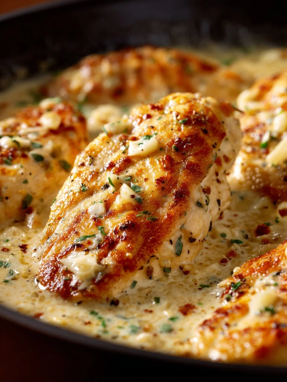 Creamy garlic parmesan chicken served with herbs and garnishes