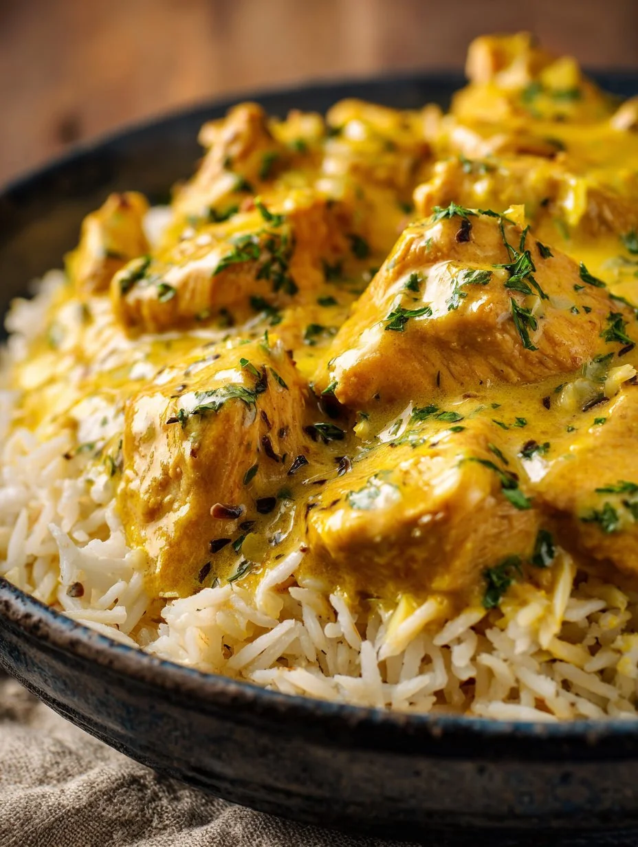 Creamy lemon chicken served on a plate with herbs and lemon slices