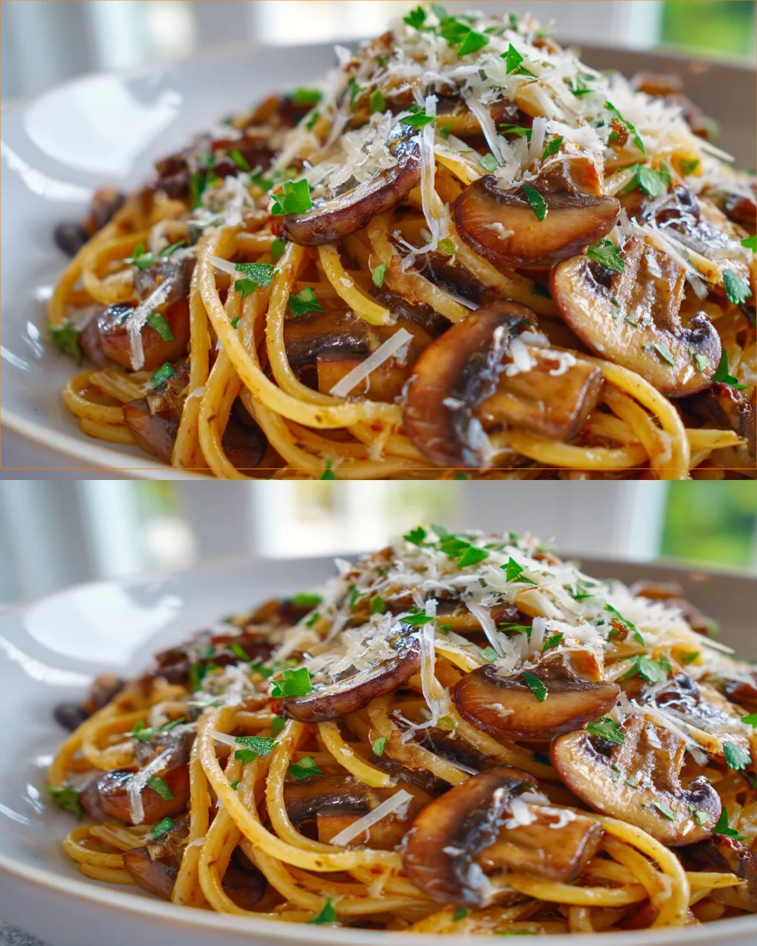 Creamy mushroom pasta skillet topped with fresh herbs and cheese.