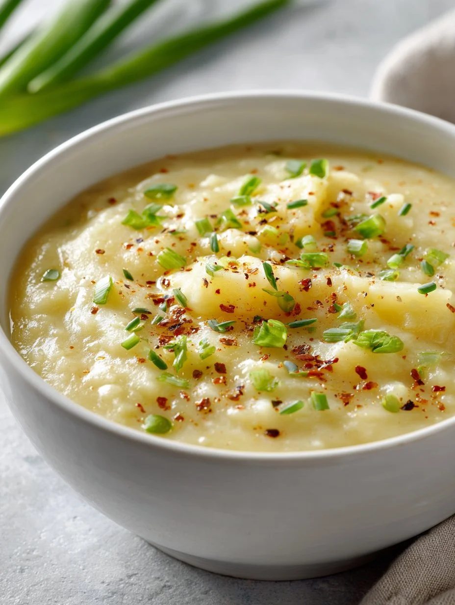 Bowl of creamy potato leek soup topped with fresh herbs