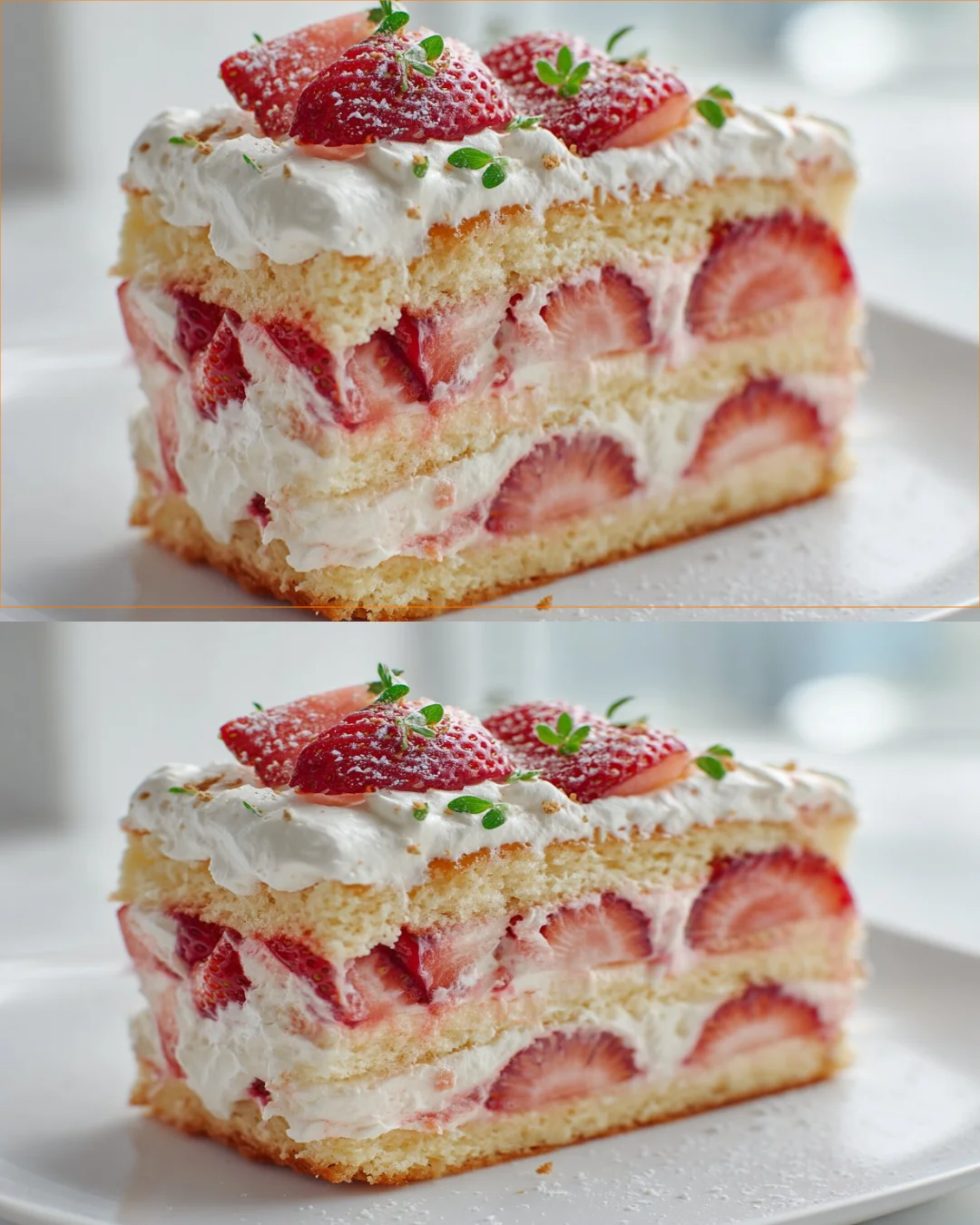 Creamy strawberry layer cake dessert with fresh strawberries and whipped cream