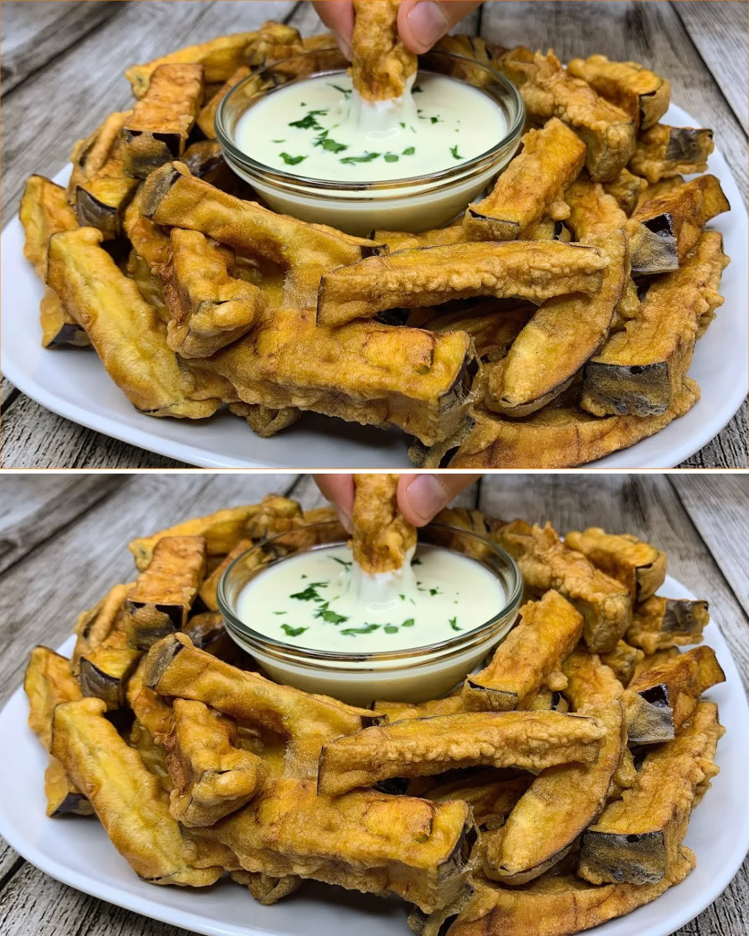 Crispy fried eggplant sticks served with yogurt lemon sauce