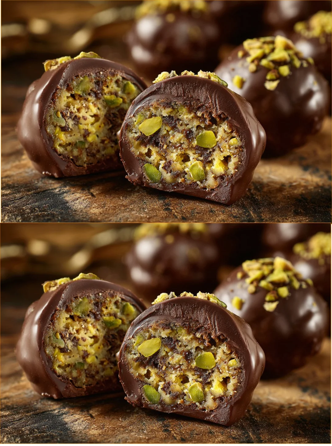 Dark chocolate pistachio date bites on a wooden surface with a sprinkle of nuts
