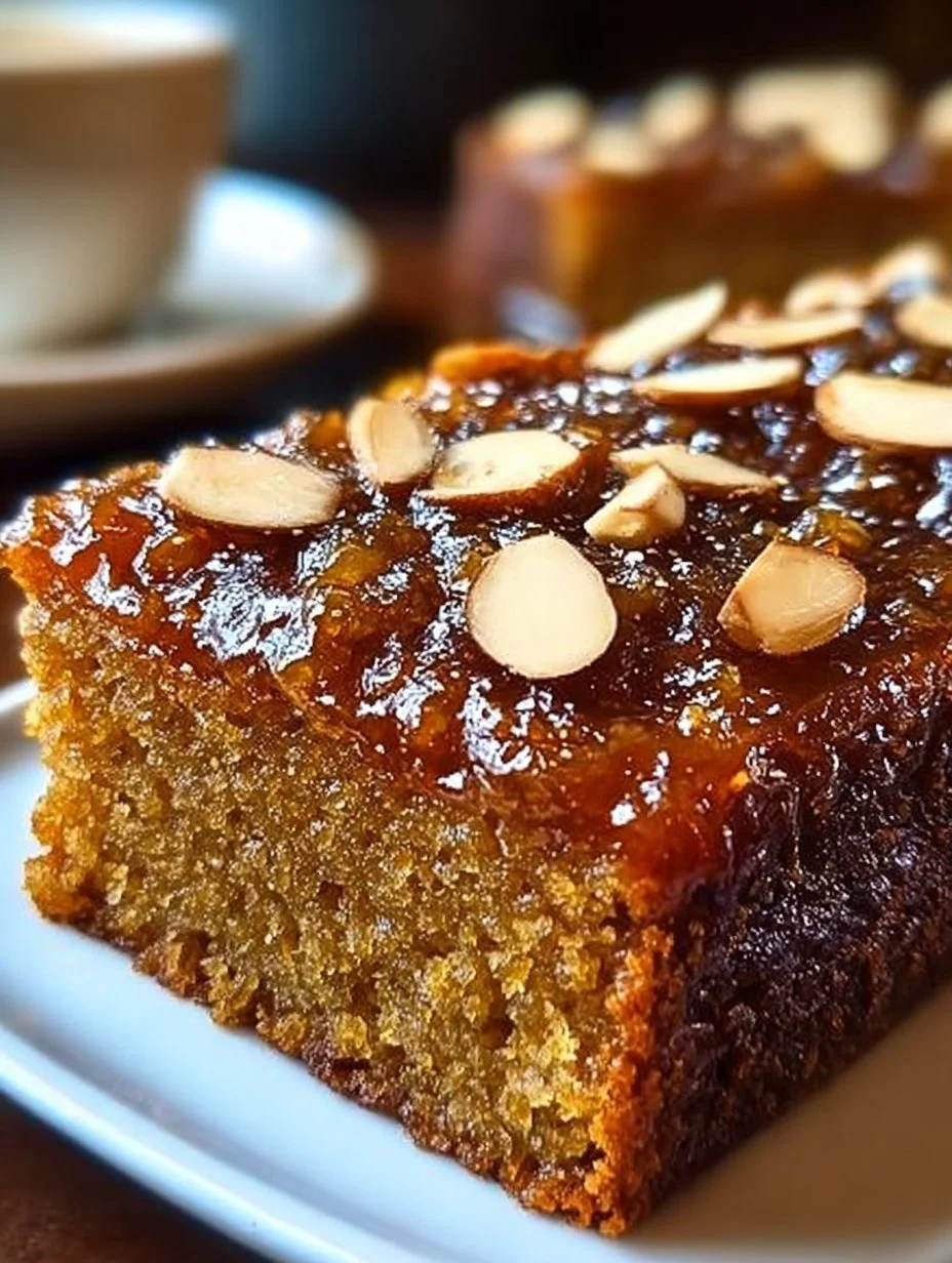 Date and Almond Cake slice on a plate with almonds and dates