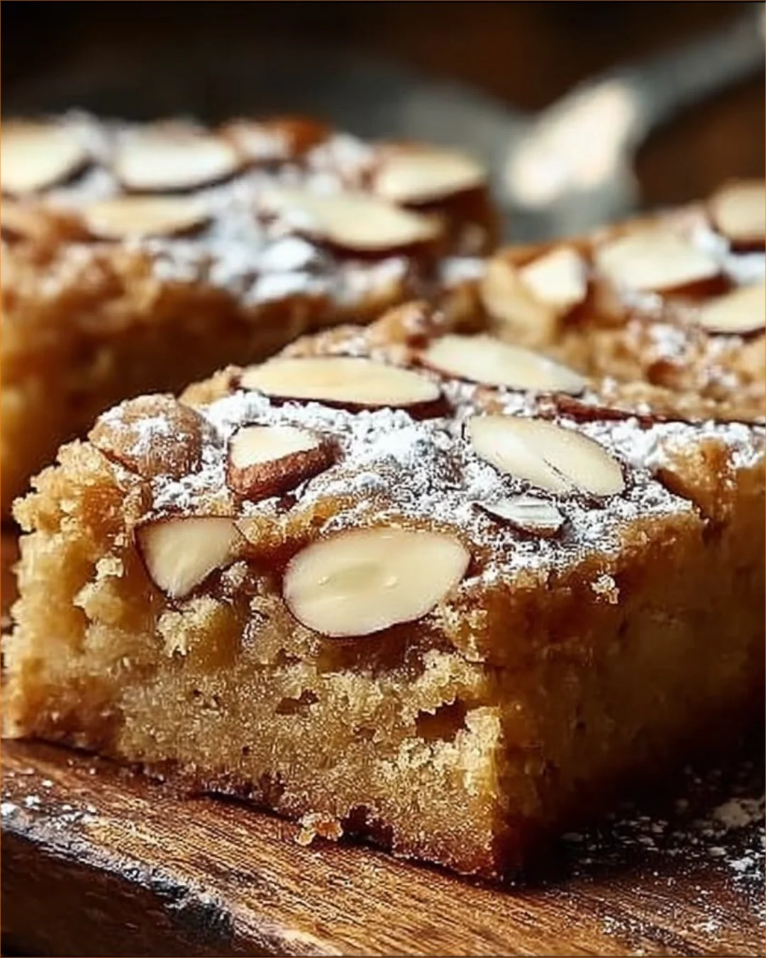 Decadent almond croissant blondies topped with almonds and drizzled with icing