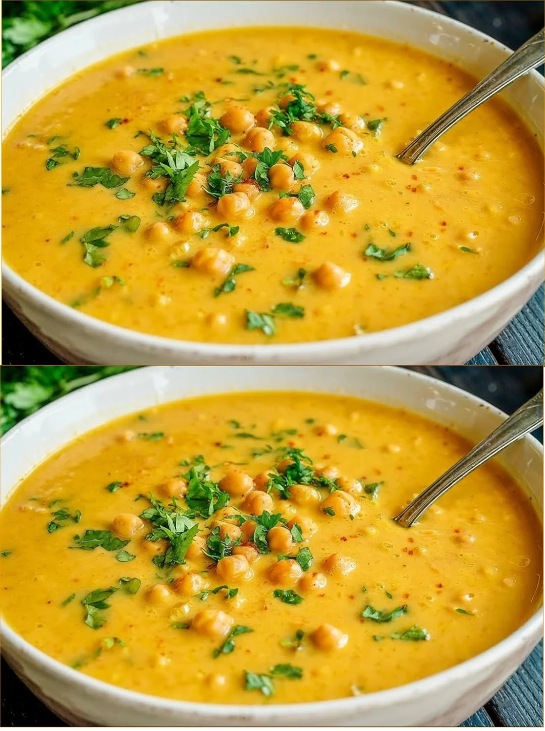 A bowl of delicious chickpea soup garnished with herbs and spices
