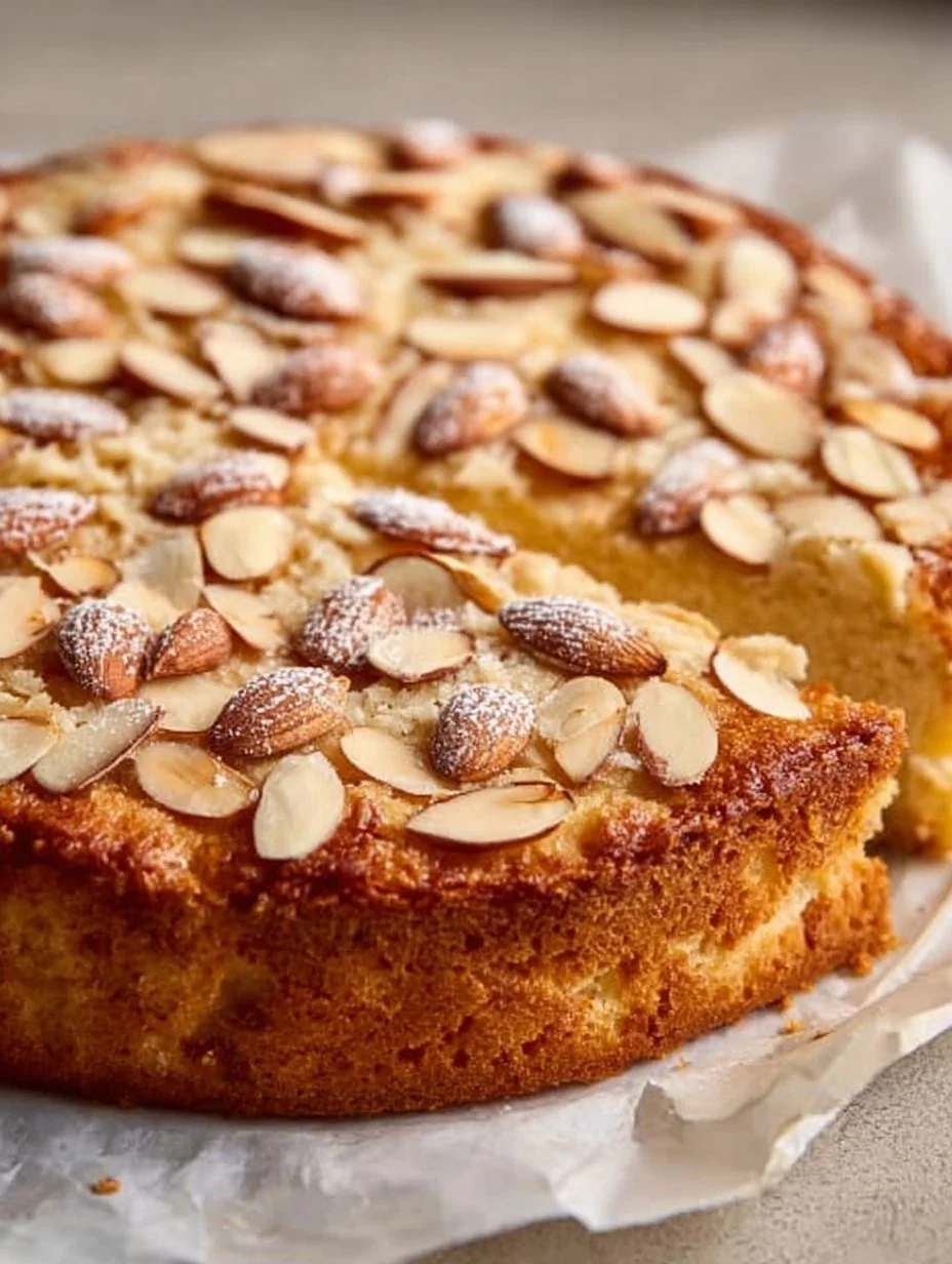 Slice of easy flourless almond cake topped with almonds and served on a plate