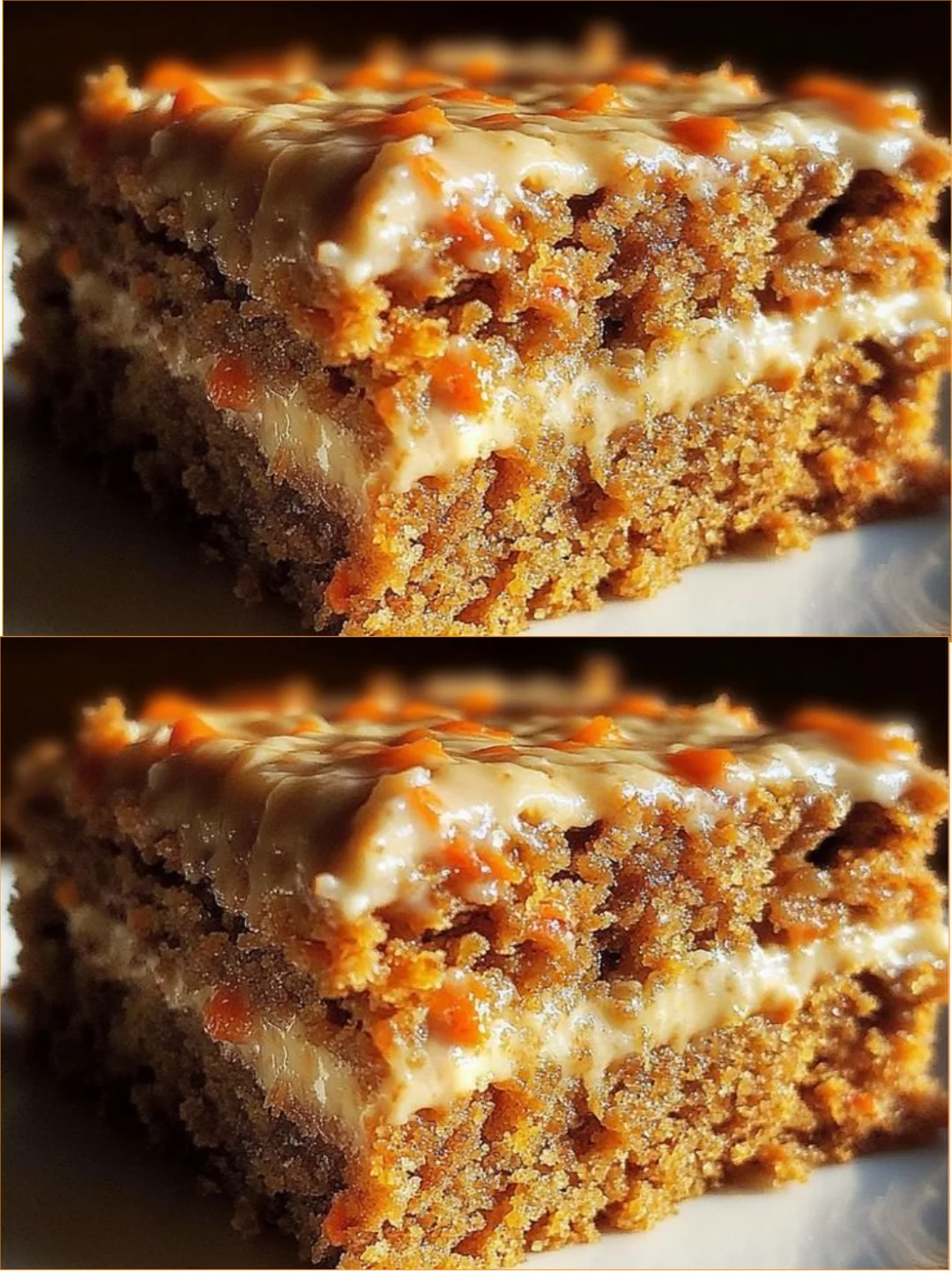 Slice of Easy Flourless Oatmeal Carrot Cake topped with cream cheese frosting