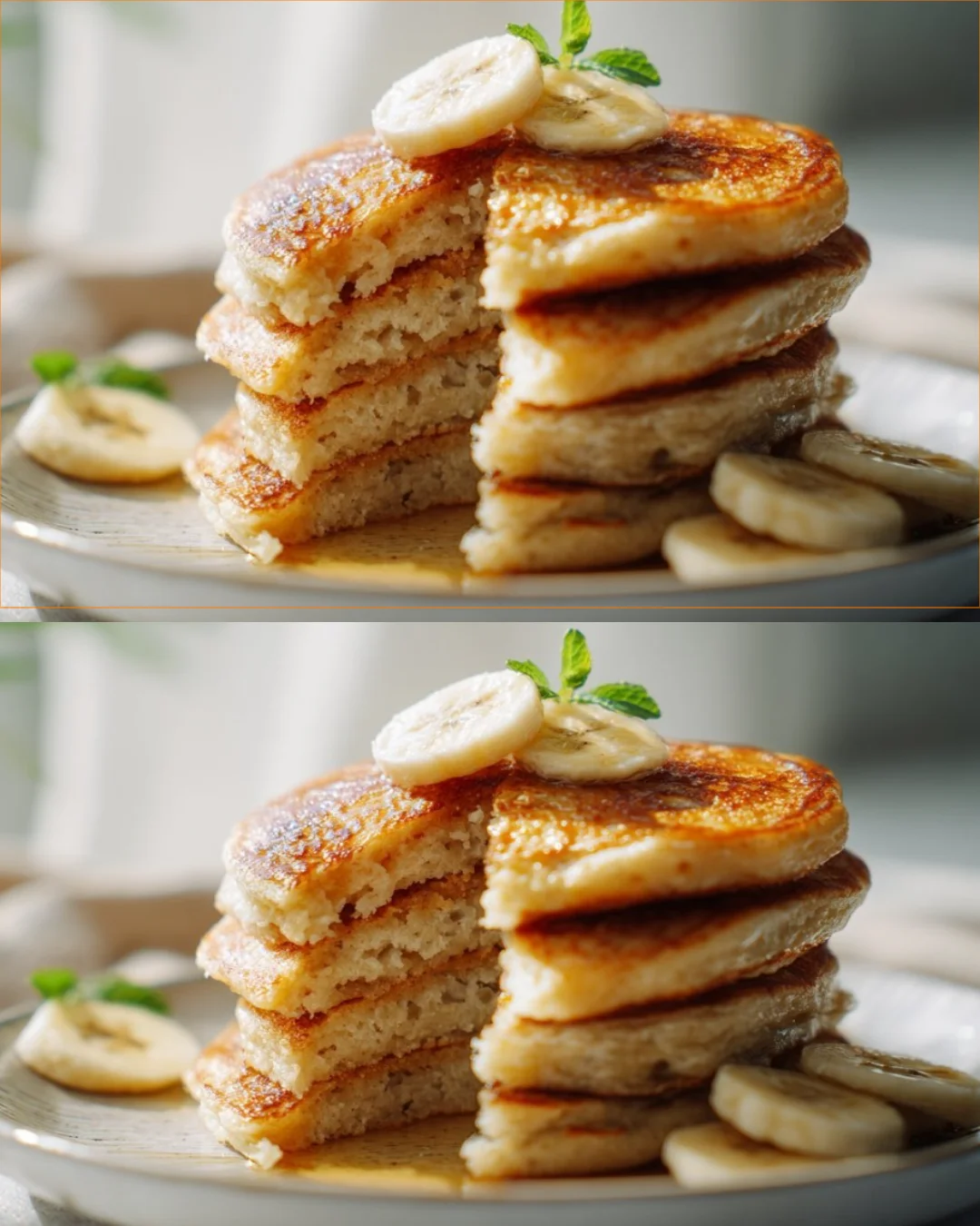 Healthy banana oat pancakes stacked on a plate with syrup and fresh bananas