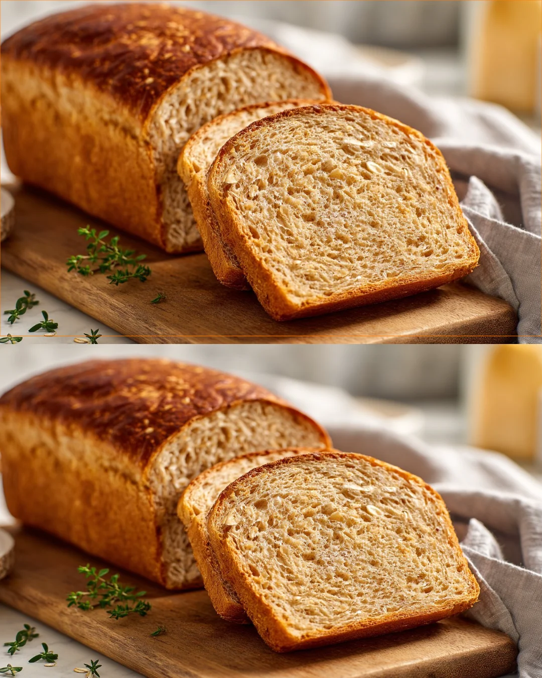 Sliced homemade oat bread made with a blender, displayed on a wooden cutting board