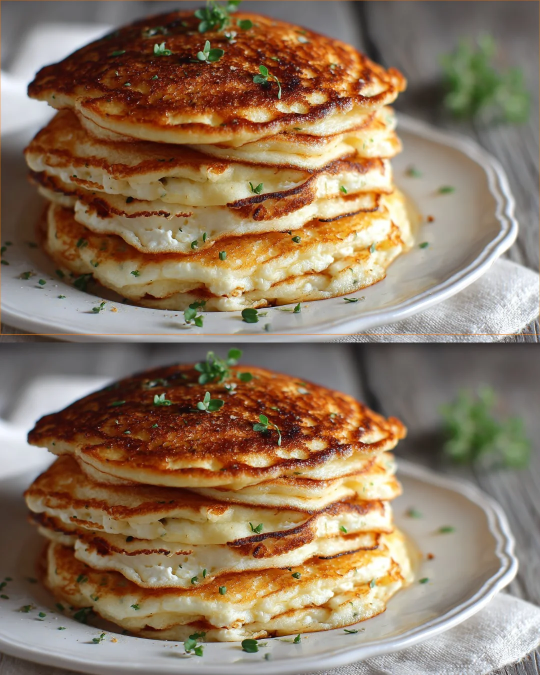 Fluffy homemade cottage cheese pancakes stacked on a plate