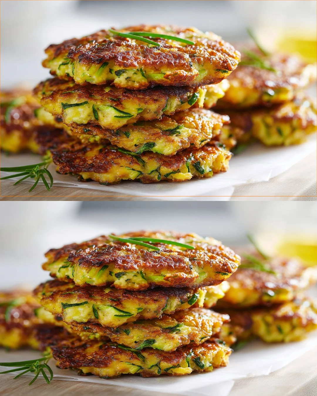 Crispy zucchini oat fritters on a plate with fresh herbs