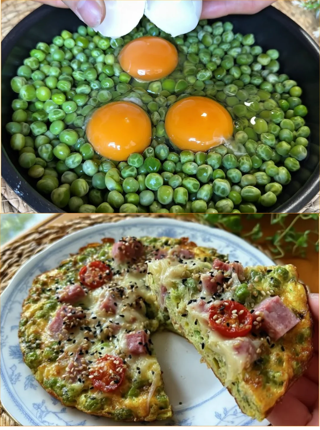 Delicious Eggs Over Peas dish topped with perfectly cooked eggs and fresh peas
