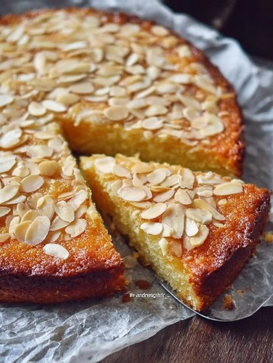 Delicious flourless almond and coconut cake served on a rustic wooden table