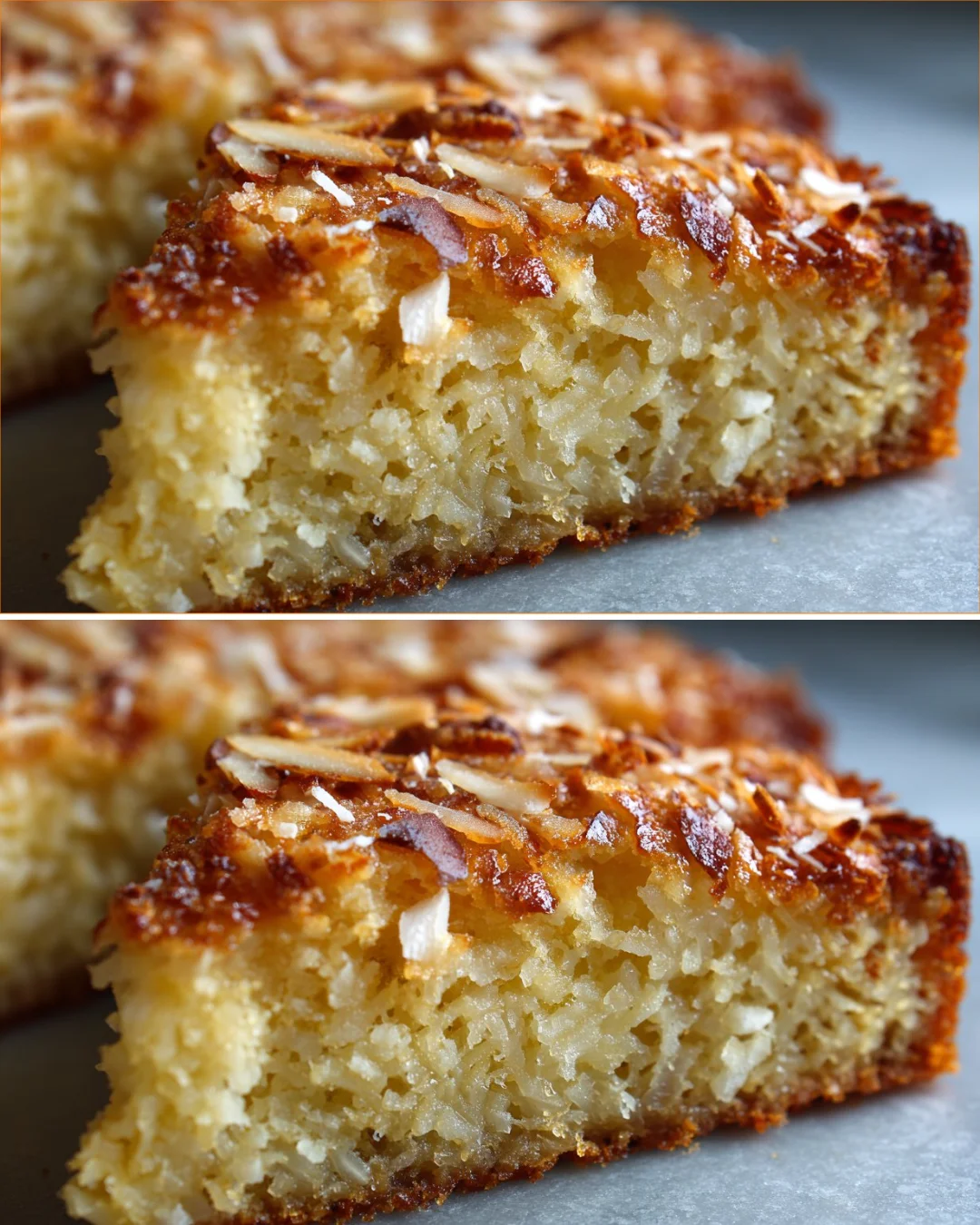 Flourless Almond Coconut Cake topped with toasted coconut flakes and almonds