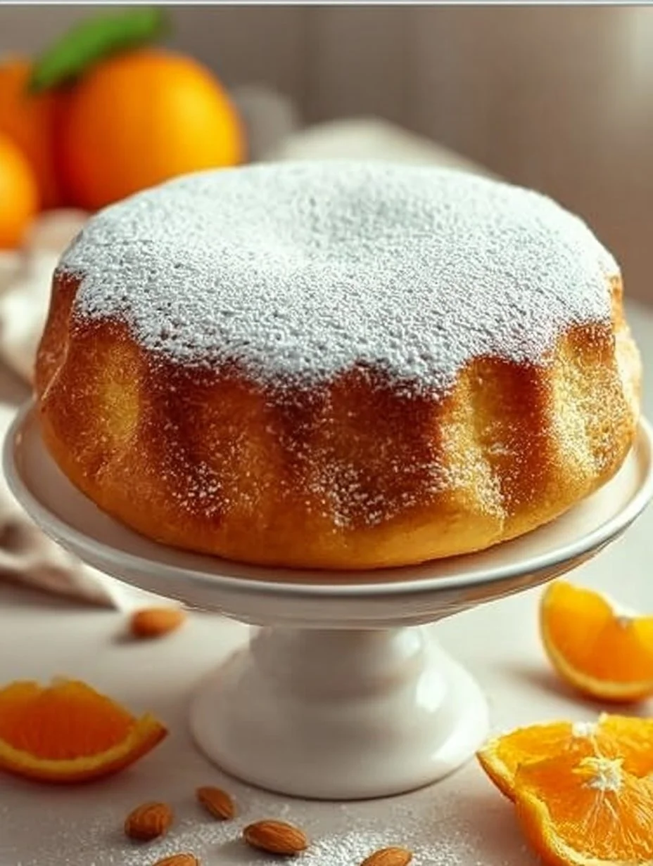 Flourless almond orange cake topped with citrus slices on a white plate