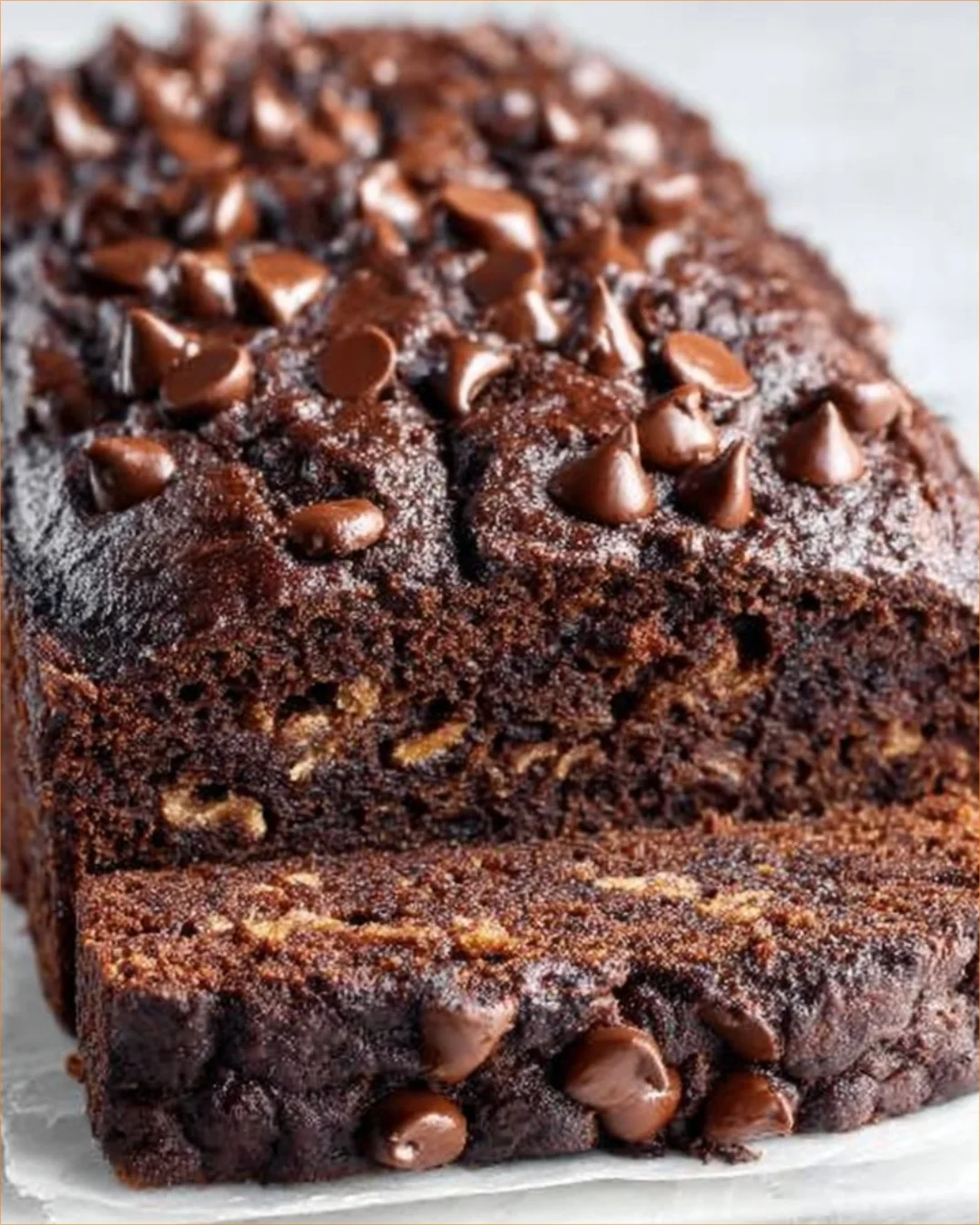 Flourless chocolate banana bread topped with chocolate chips