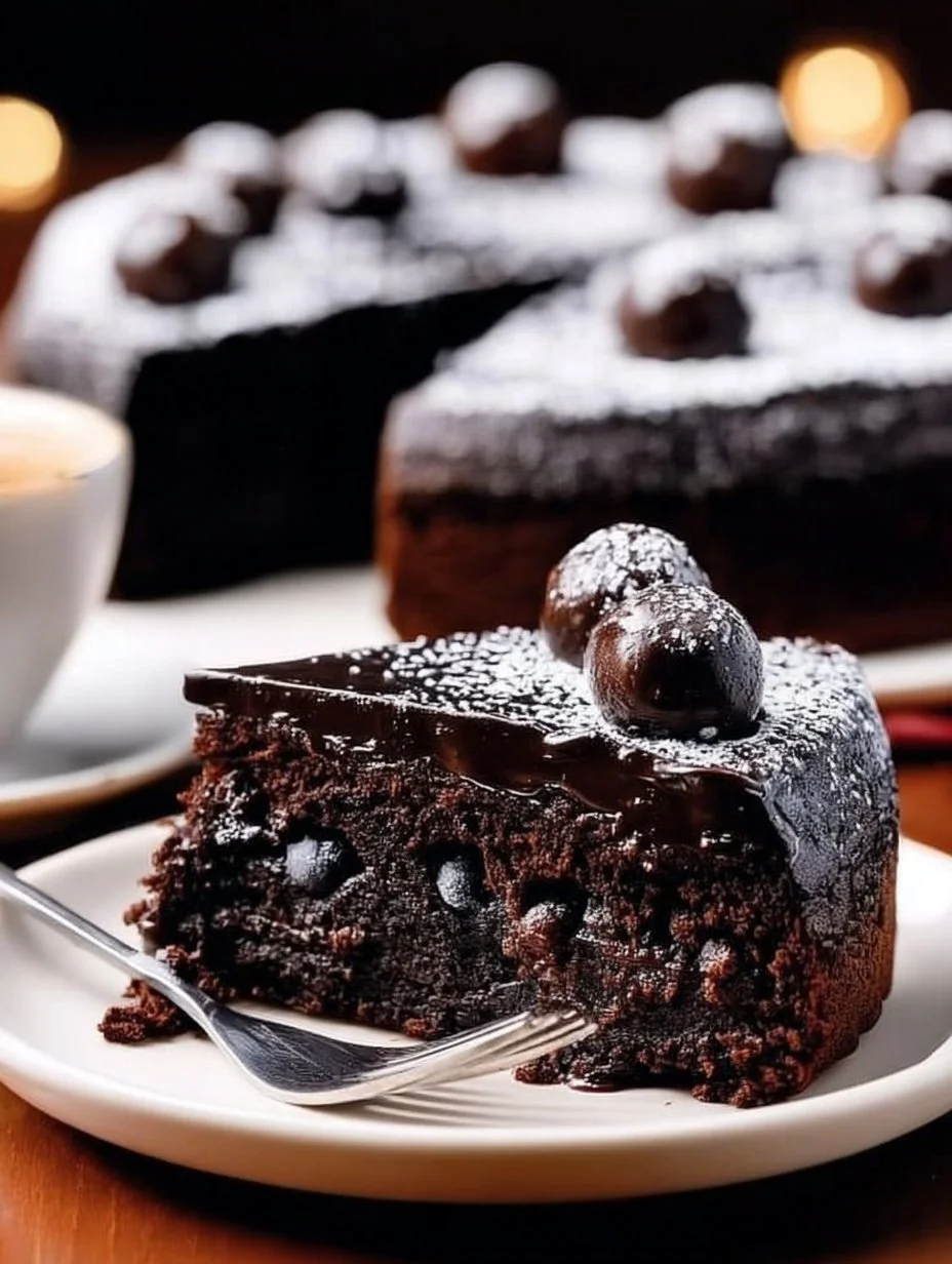 Delicious flourless dark chocolate cake topped with berries and chocolate ganache.
