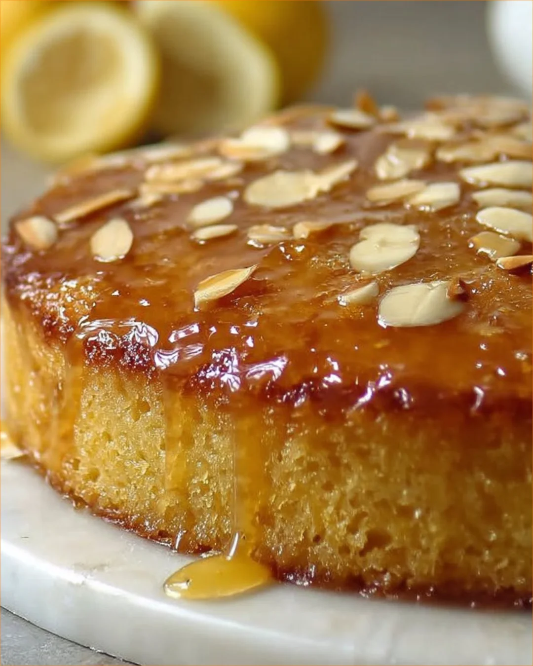 Flourless Lemon Almond Cake with Honey Glaze served on a plate