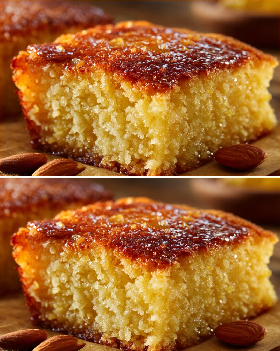 Flourless lemon almond snack cake topped with lemon zest and almond slices