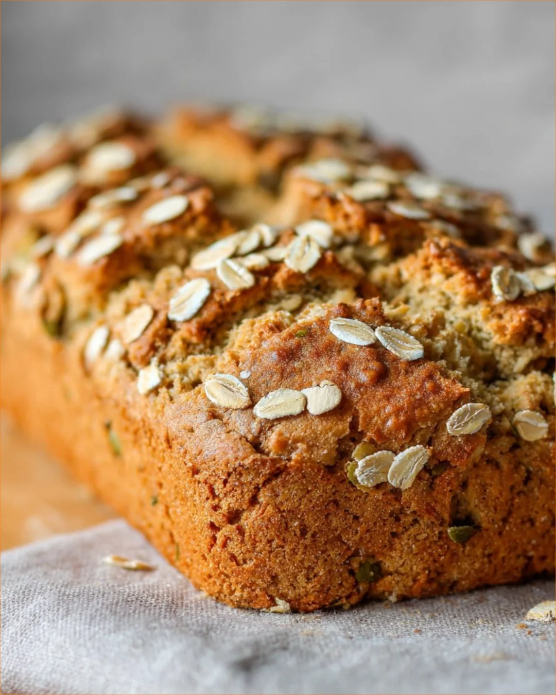Sliced flourless oatmeal bread on a wooden cutting board