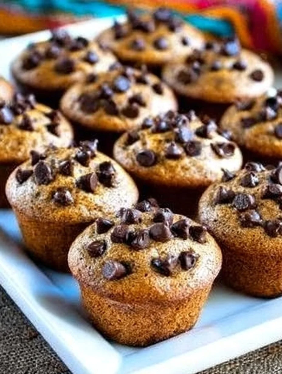 Flourless pumpkin chocolate chip muffins topped with chocolate chips