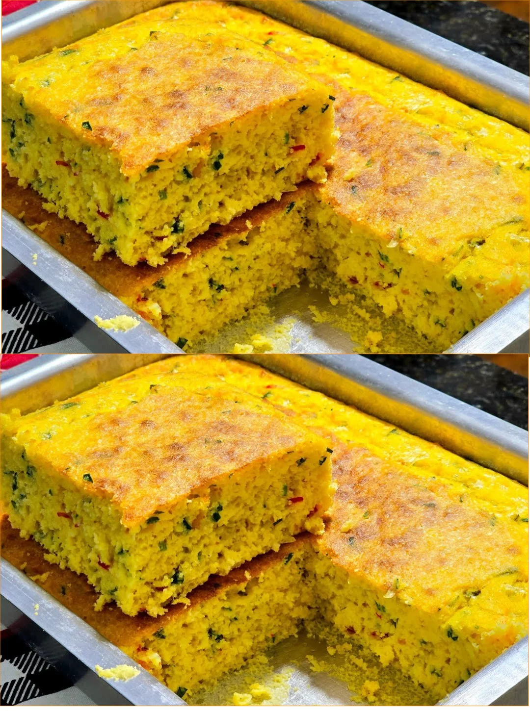 Delicious flourless salty cake topped with a sprinkle of salt and herbs.